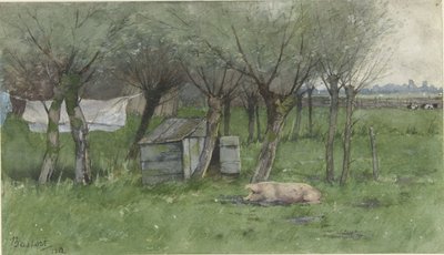Farmyard with Lying Pig in a Loft Under the Willows by Nicolaas Bastert